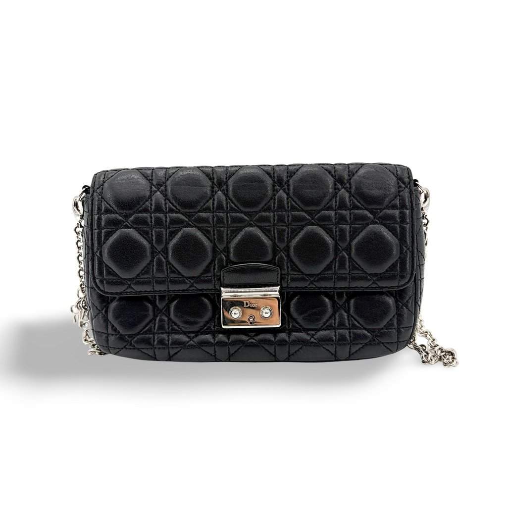 Dior Miss Dior Promenade Lambskin Pouch Black Silver Hardware Black Leather Good - Front View