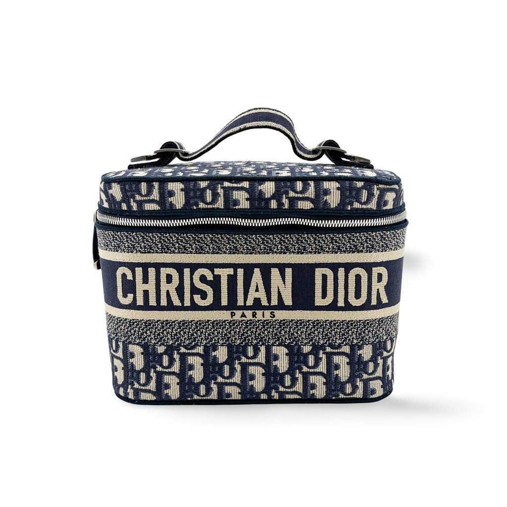 Dior Travel Vanity Case Blue Oblique Embroidered Canvas Beige Canvas Very good - Front View