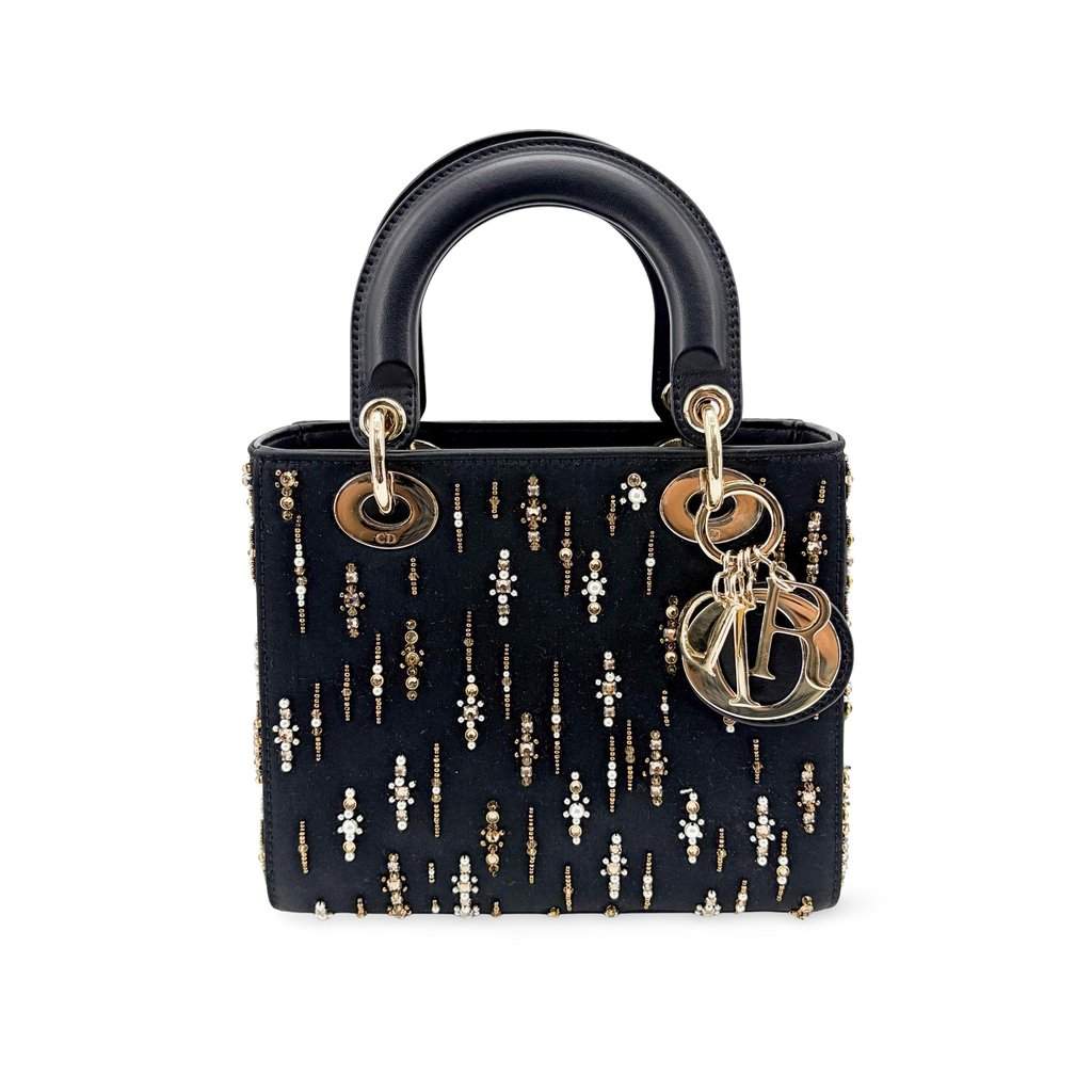 Dior Mini Lady Dior Bag in black satin and bead embroidery Black Satin Very good - Front View
