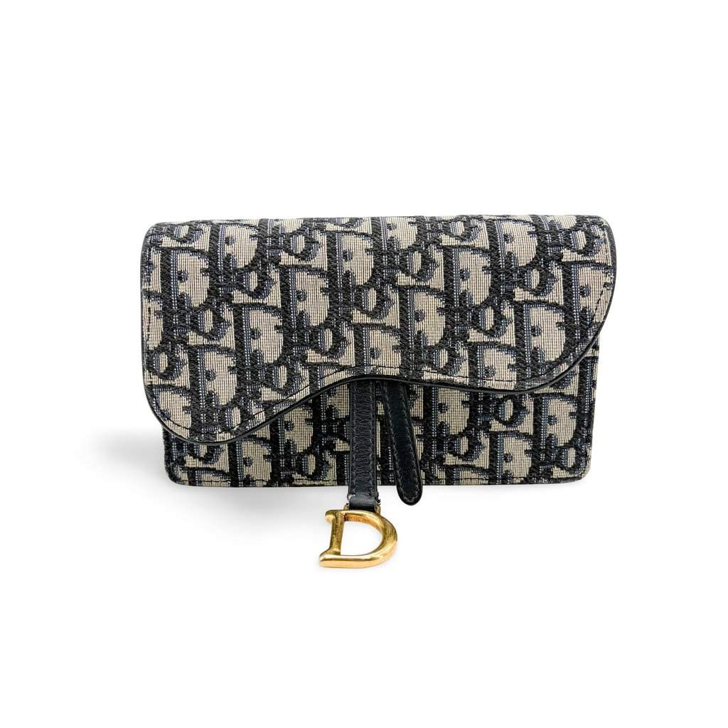 Dior Saddle Slim Pouch Blue Oblique Jacquard Beige Jacquard Very good - Front View