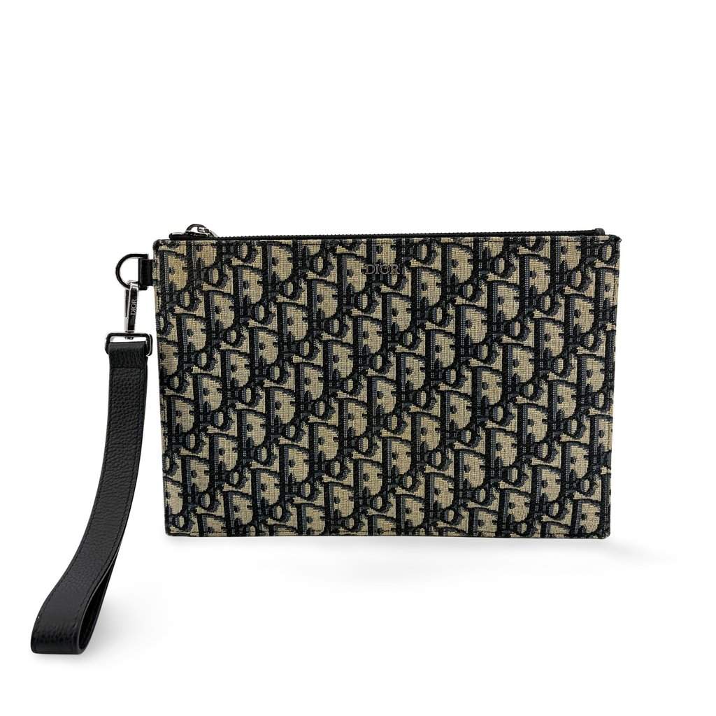 Dior Oblique Zipper Pouch Beige Black Beige Jacquard Good - Front View