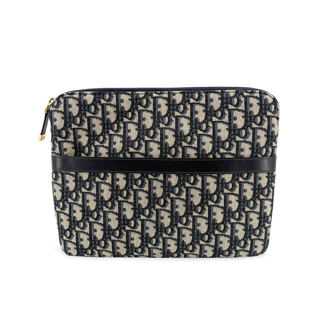 Dior Oblique Jacquard Zipped Pouch Navy Beige Canvas Good - Front View