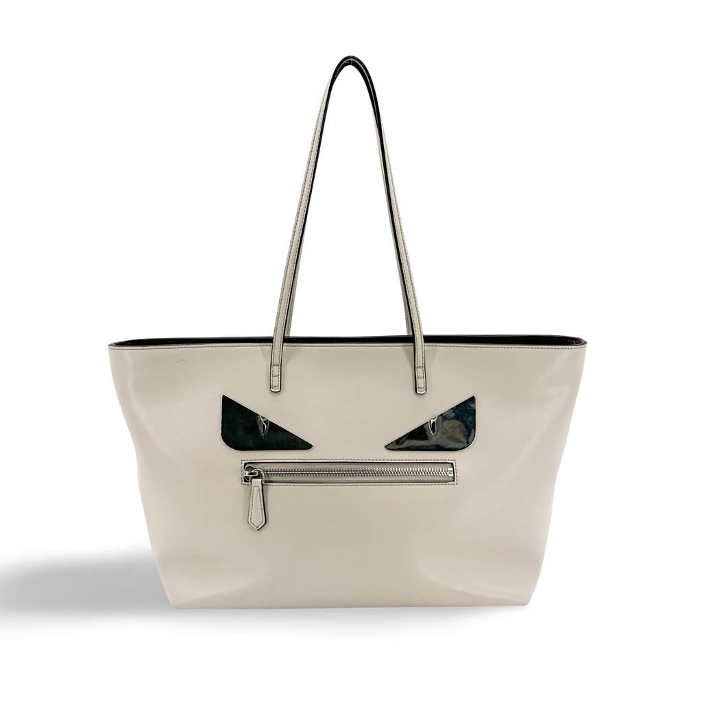 Fendi Monster Eyes Roll Tote Bag Ivory Silver Leather Good - Front View