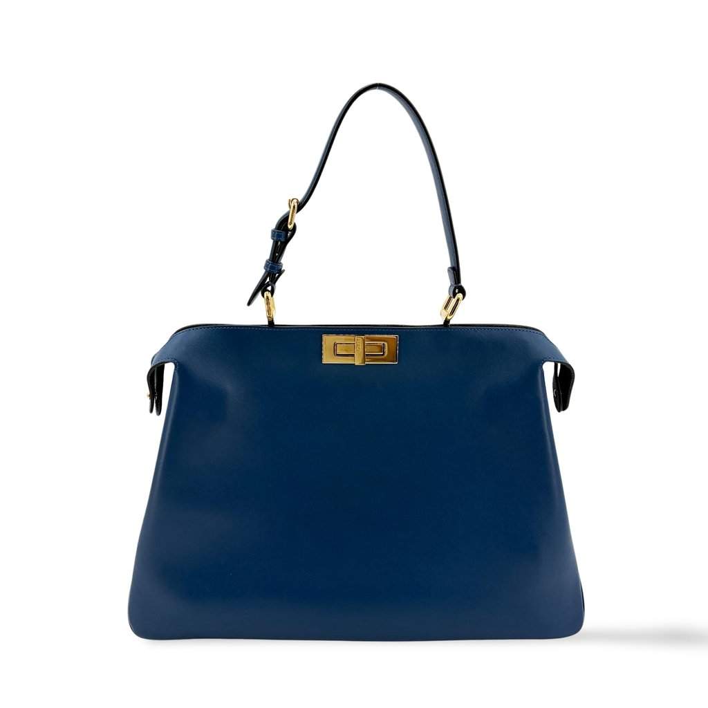 Fendi Peekaboo Essentials Large Blue Calfskin Gold Hardware Blue Leather Good - Front View