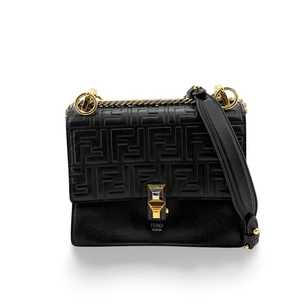 Fendi FF Embossed Khan Yu Medium Shoulder Bag Black Gold Hardware Black Leather Good - Front View