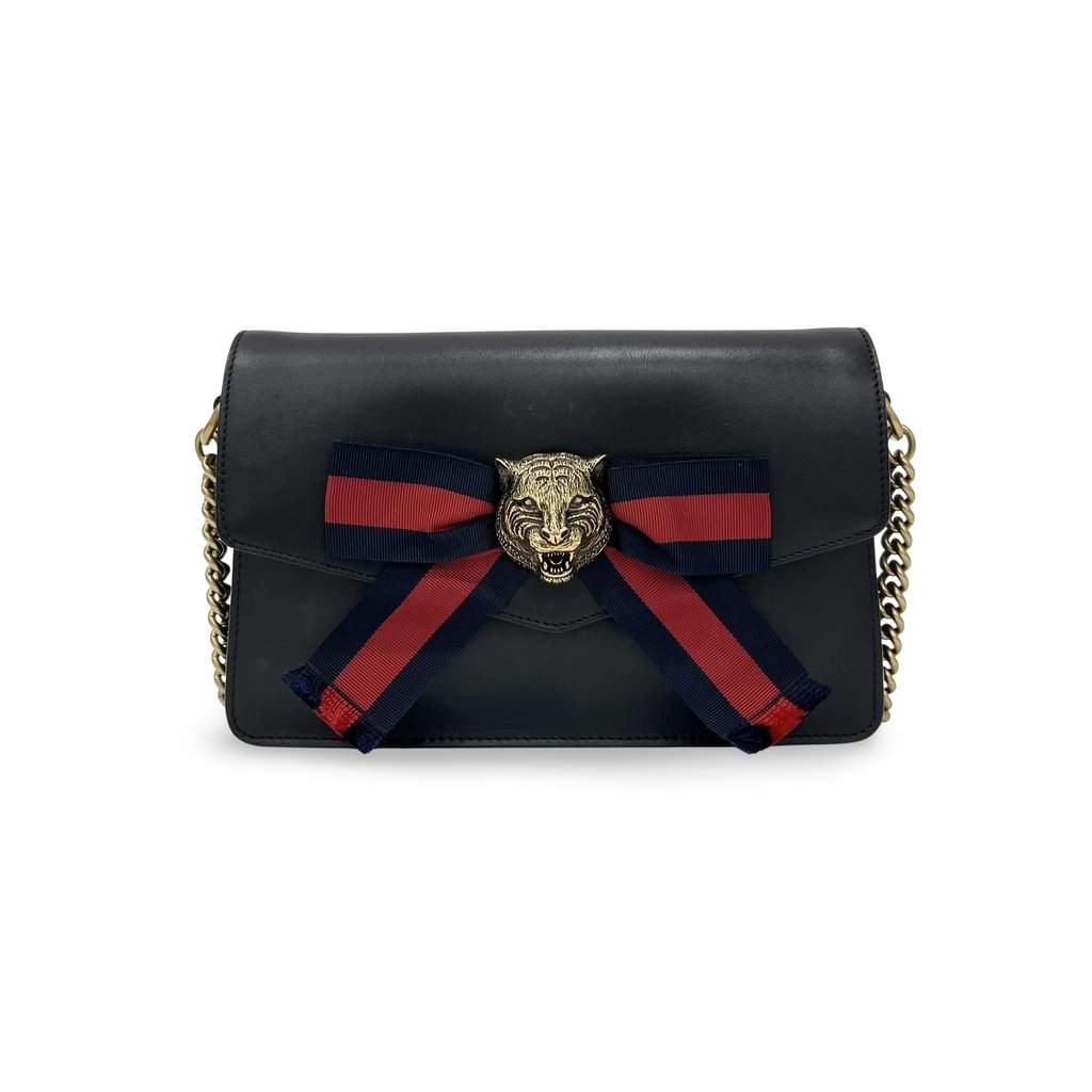 Gucci Broadway Sylvie Bag (Ribbon and Tiger Brooch) Black Leather Good - Front View