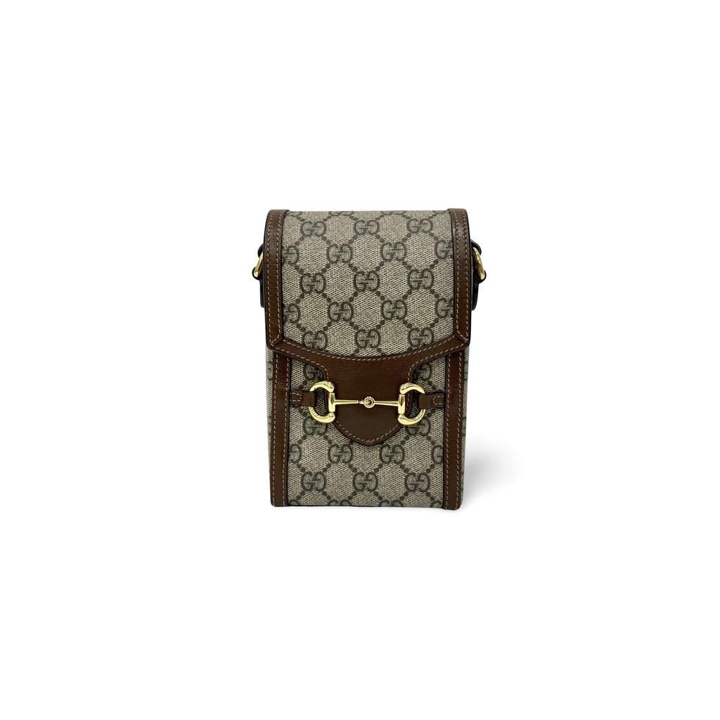 Gucci Horsebit 1955 Mini Bag Phone Holder Bag Brown Canvas Good - Front View