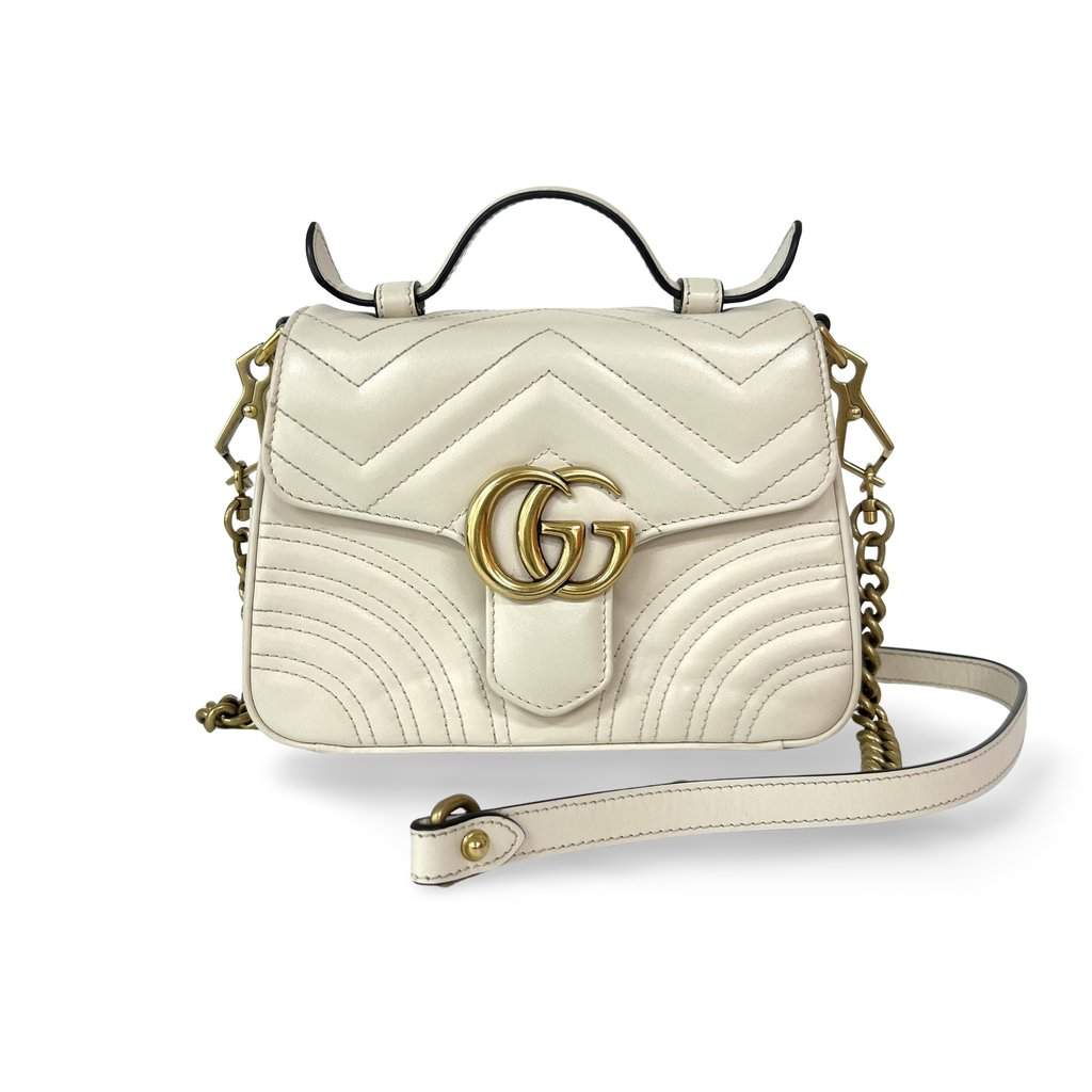 Gucci GG Marmont Mini Top Handle Bag White Ecru Leather Good - Front View