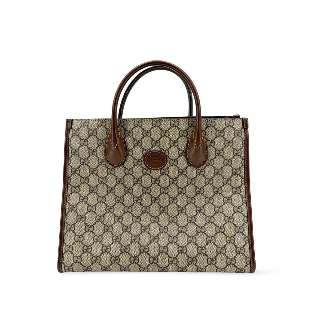 Gucci Interlocking G Medium Tote Bag Beige Brown MultiColor Canvas Good - Front View
