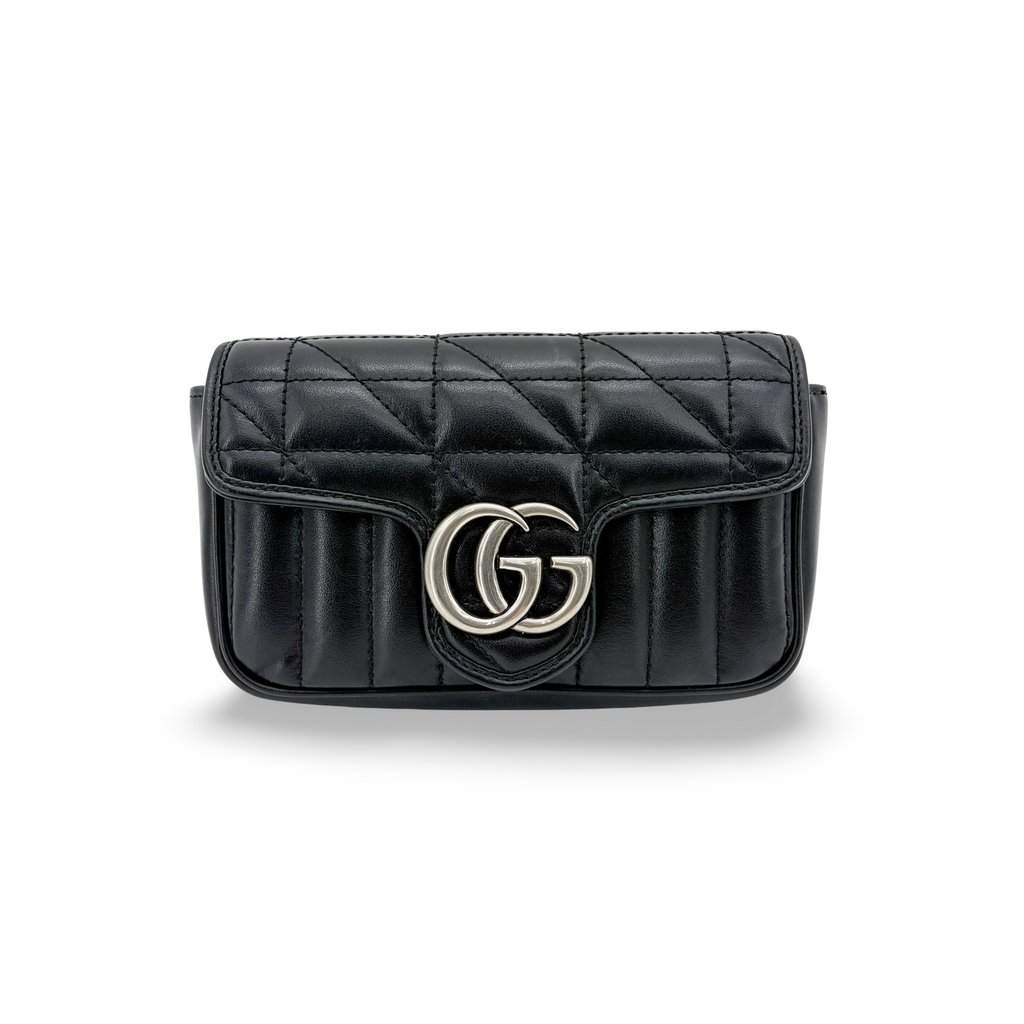 Gucci GG Marmont Matelassé Super Mini Bag Black Silver Black Leather Very good - Front View