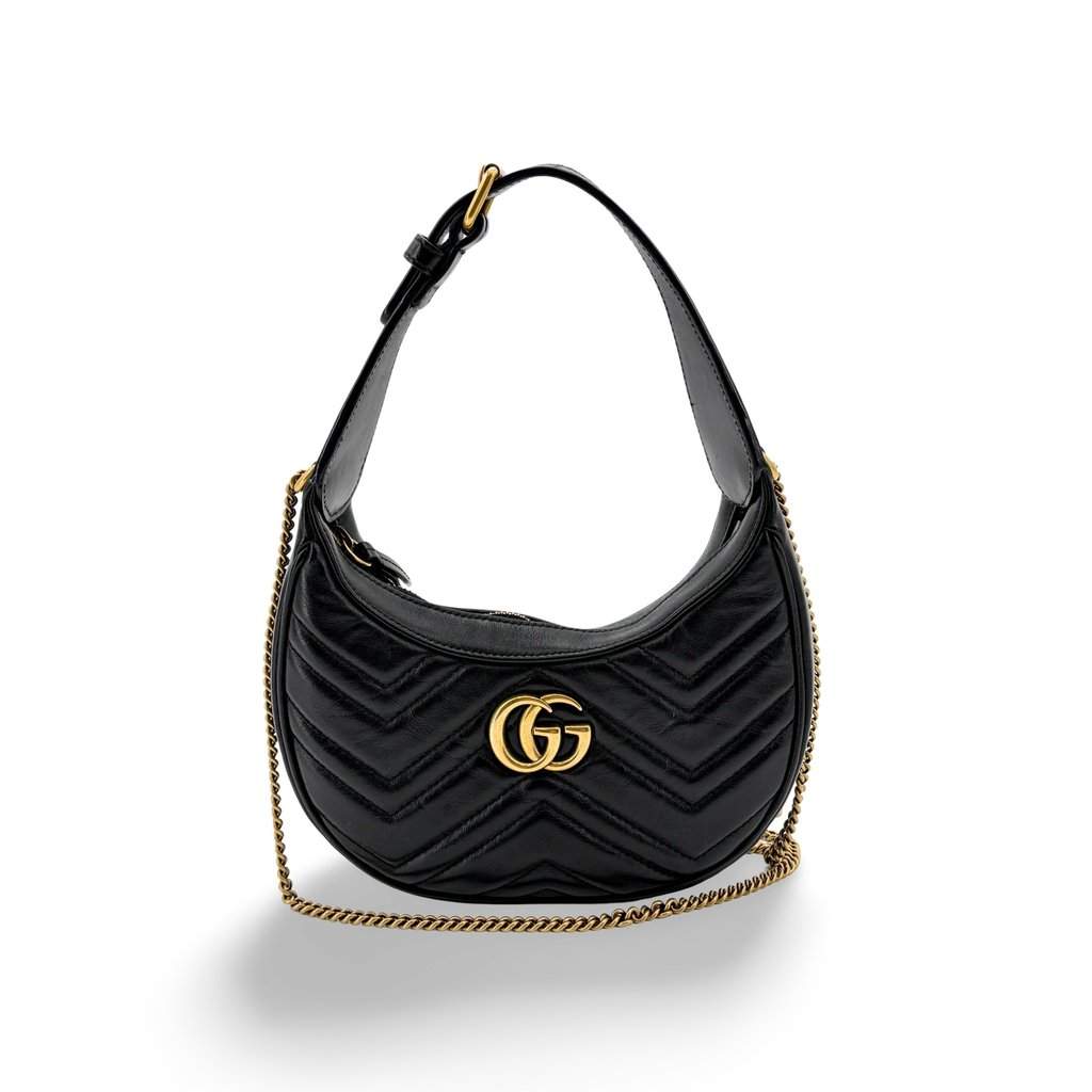 Gucci GG Marmont Half Moon Shape Mini Shoulder Bag Black Black Leather Very good - Front View