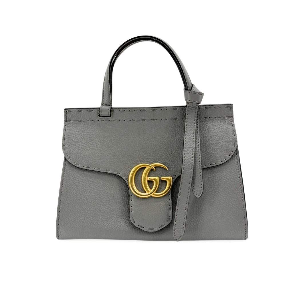 Gucci GG Marmont Small Top Handle Bag Grey Gold Leather Good - Front View