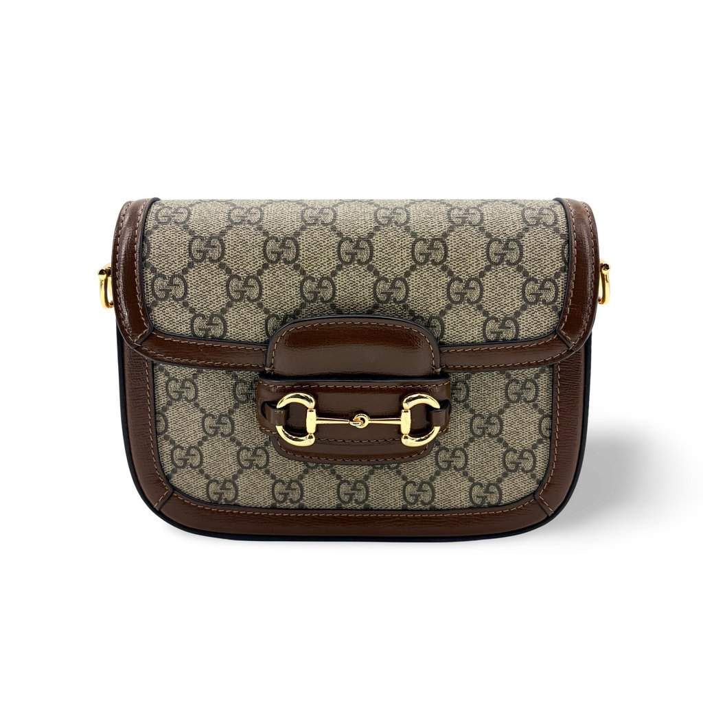 Gucci Horsebit 1955 Mini Shoulder Bag Beige Ebony GG Supreme Brown Beige Canvas Very good - Front View