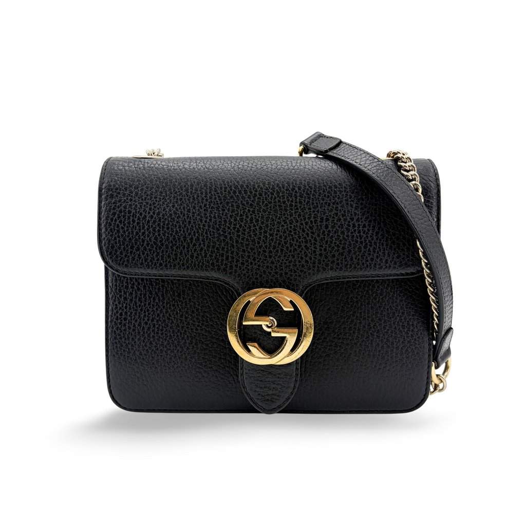 Gucci Interlocking G Small Chain Shoulder Bag Black Black Leather Good - Front View