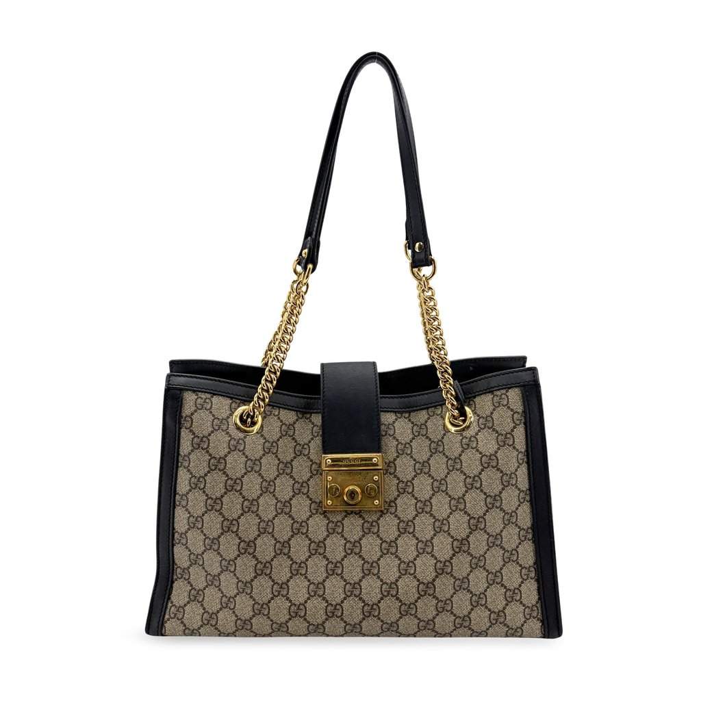 Gucci Padlock GG Supreme Medium Shoulder Bag Black Beige Canvas Good - Front View
