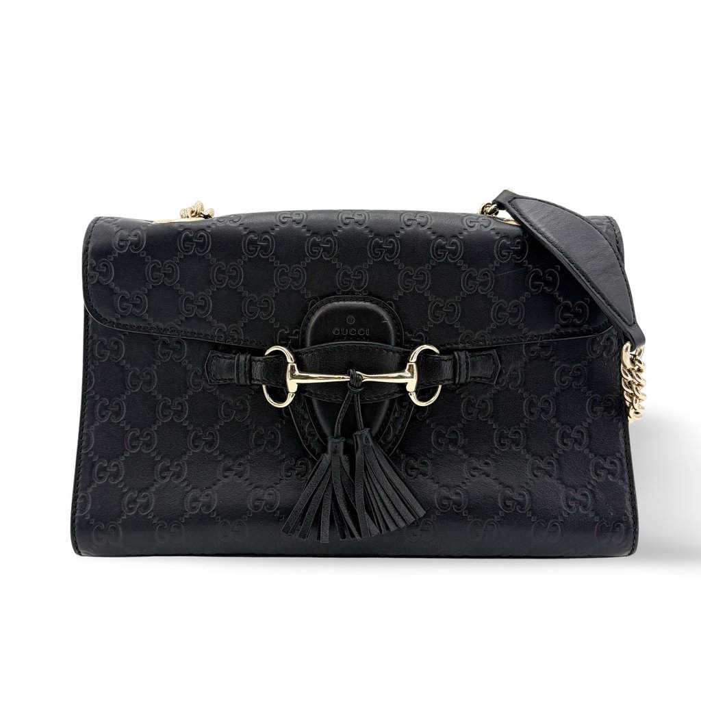 Gucci Guccisima Leather Horsebit Tassel Shoulder Bag Black Black Leather Good - Front View