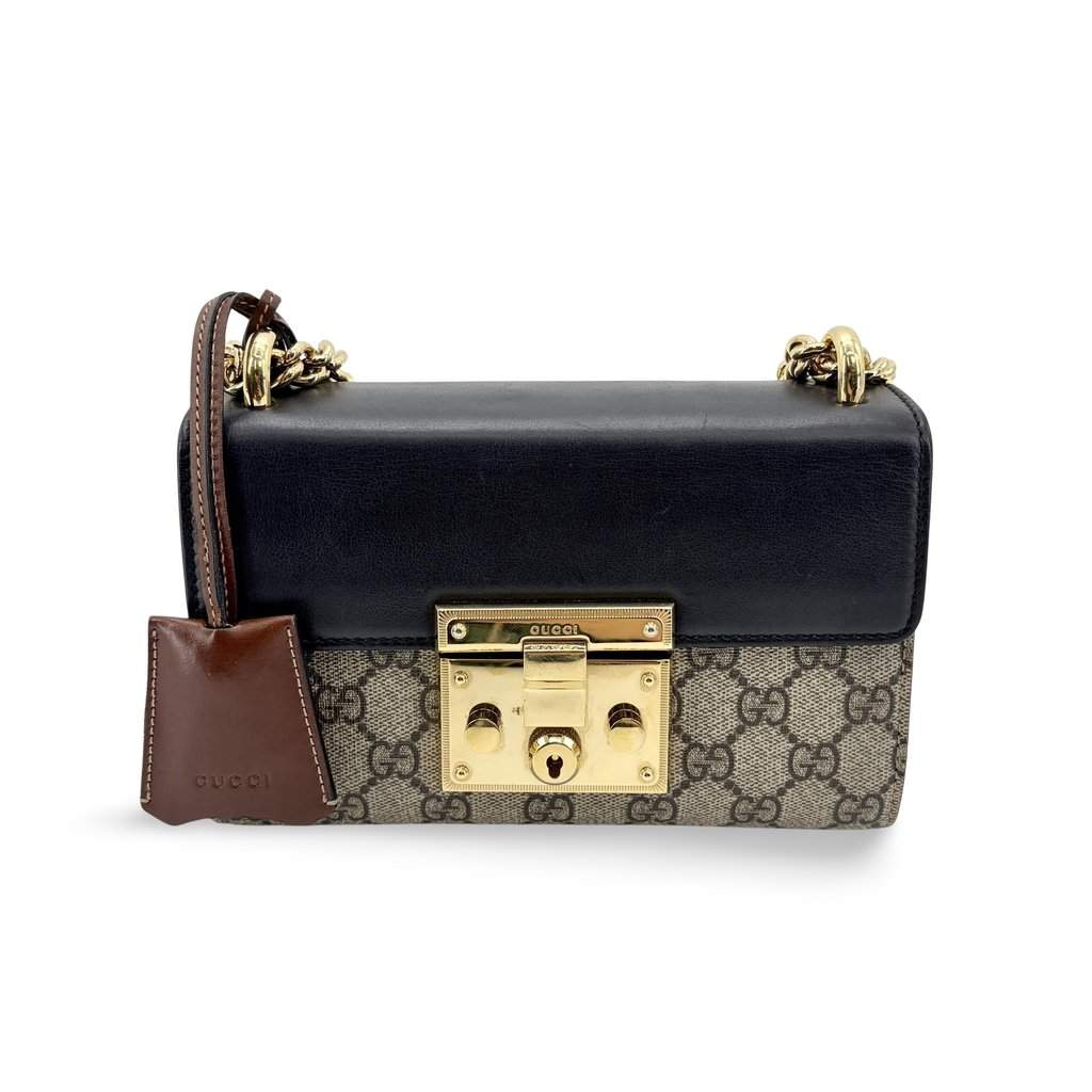 Gucci Padlock GG Small Shoulder Bag Black Beige Canvas Good - Front View