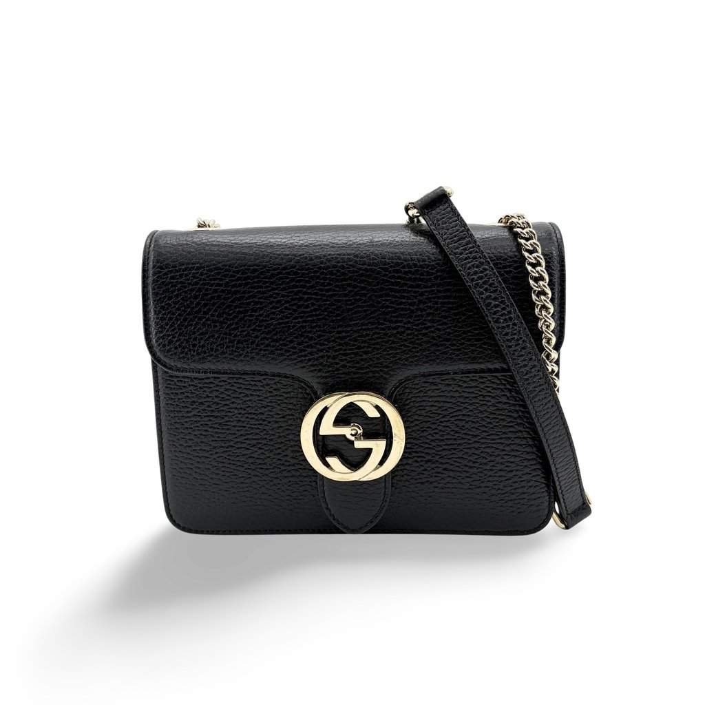 Gucci Interlocking G Small Shoulder Bag Black Black Leather Good - Front View
