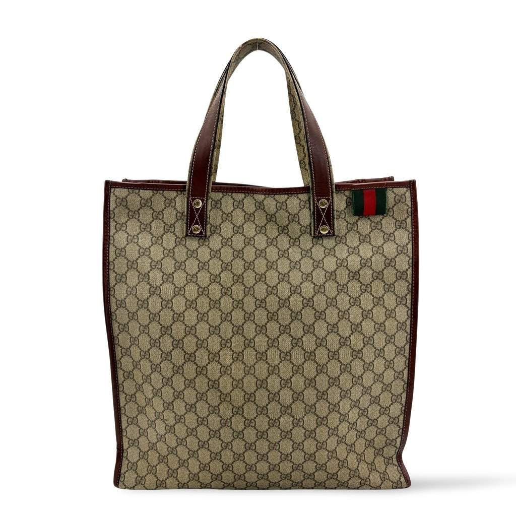 Gucci GG Supreme Web Vintage Tote Bag Brown Beige Canvas Fair - Front View