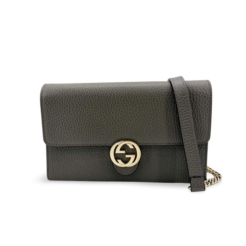 Gucci Interlocking G Chain Shoulder Bag Dark Gray Gold Leather Fair - Front View