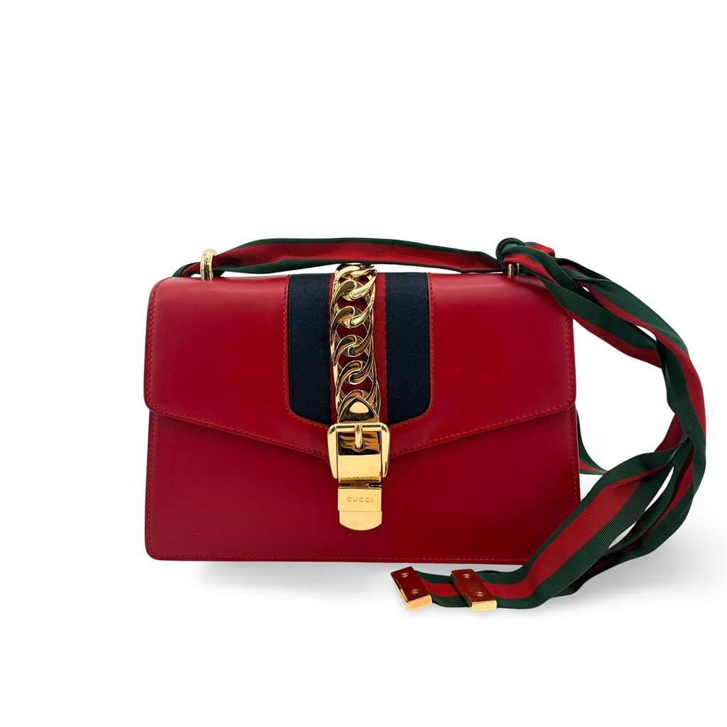 Gucci Sylvie Leather Small Shoulder Bag Red Gold Leather Good - Front View