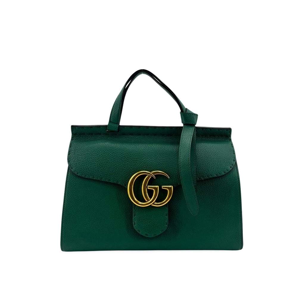 Gucci Double G Medium Top Handle Bag Emerald Green Gold Leather Good - Front View