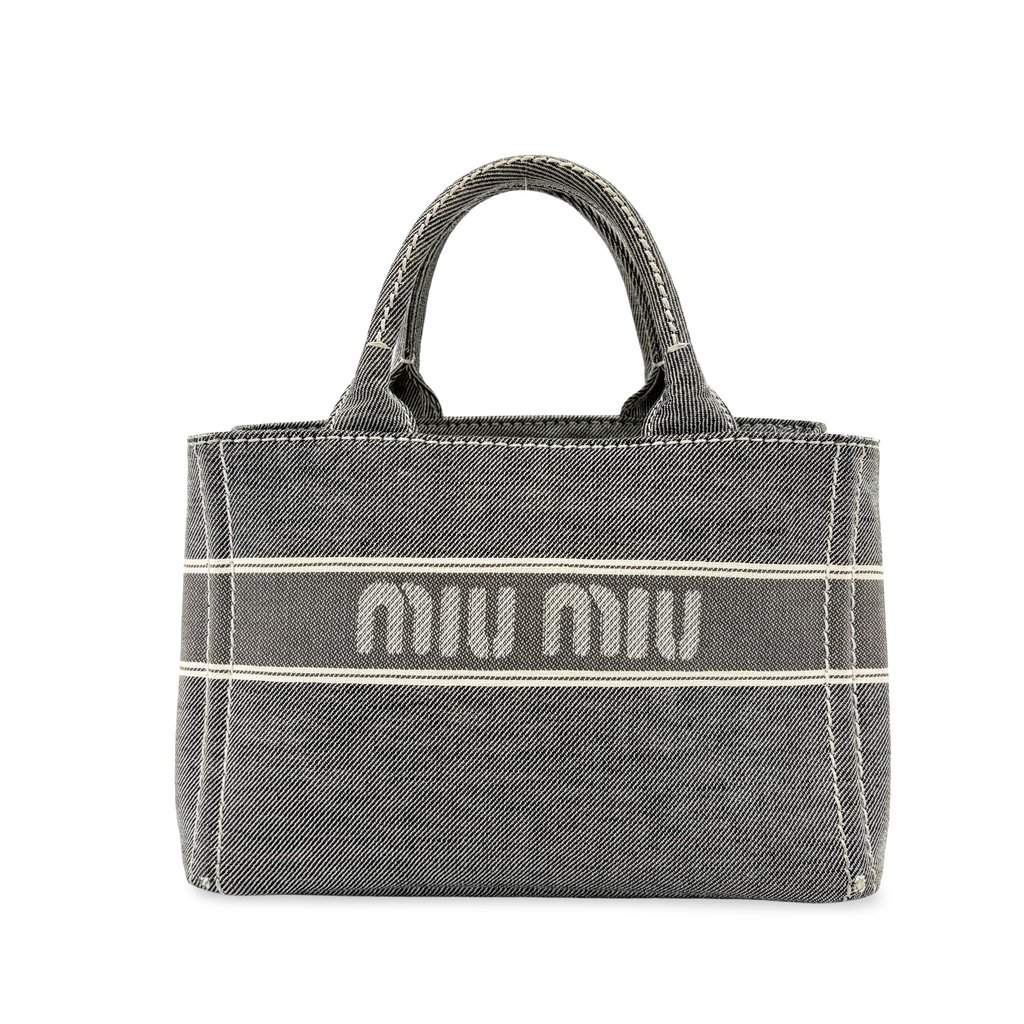 Miu Miu Black Logo Print Denim Tote Bag Black Denim Good - Front View