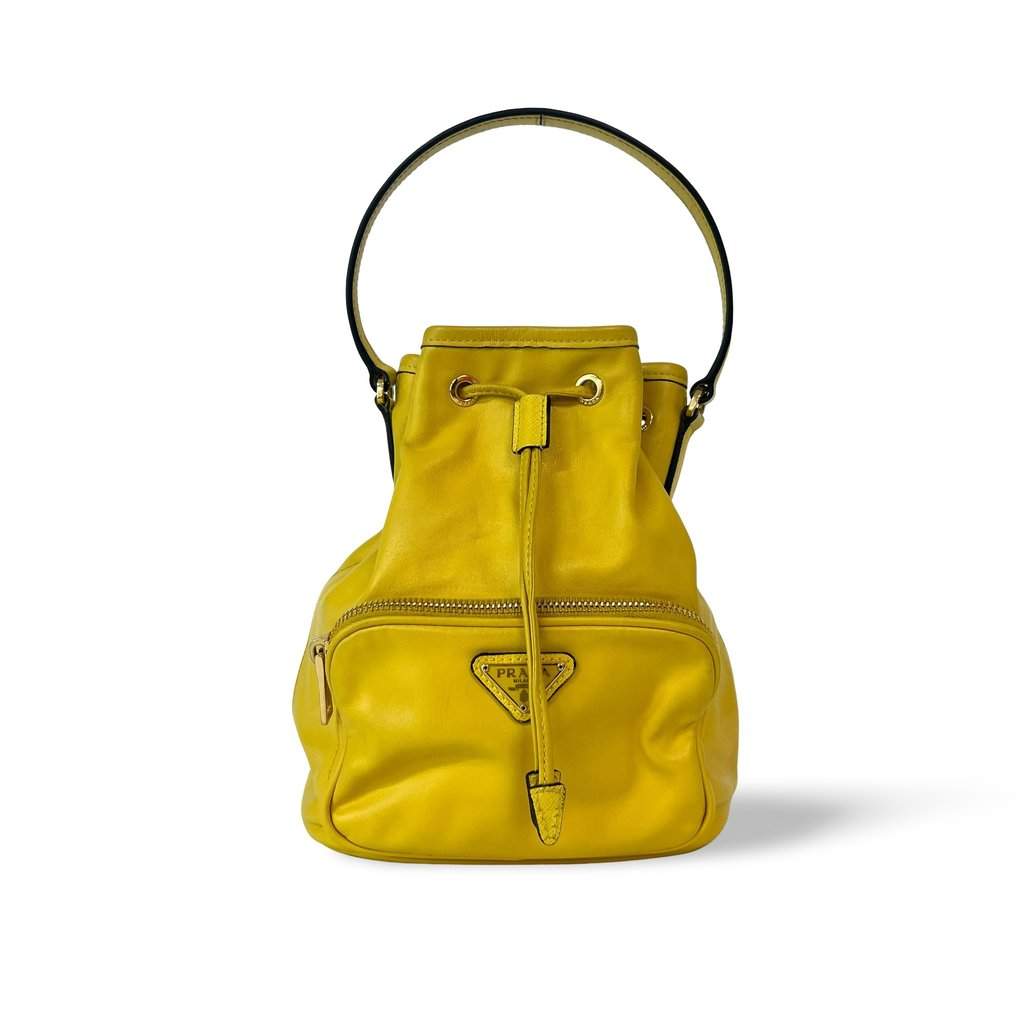 Prada Leather Duet Bucket Bag Yellow Yellow Leather Good - Front View