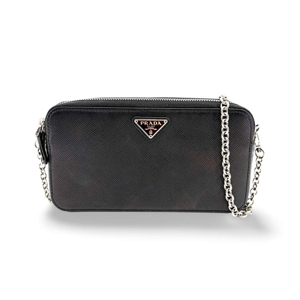 Prada Saffiano Leather Mini Chain Shoulder Bag Black Black Leather Good - Front View