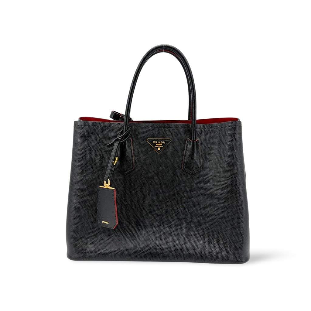 Prada Saffiano Cuir Medium Double Bag Black Red Black Leather Very good - Front View