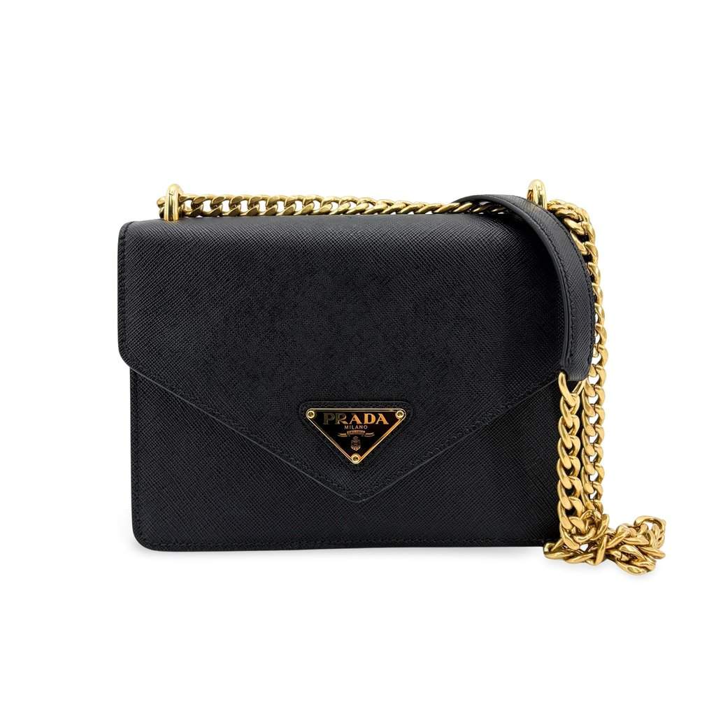 Prada Saffiano leather chain shoulder bag black with gold hardware Black Leather Very good - Front View