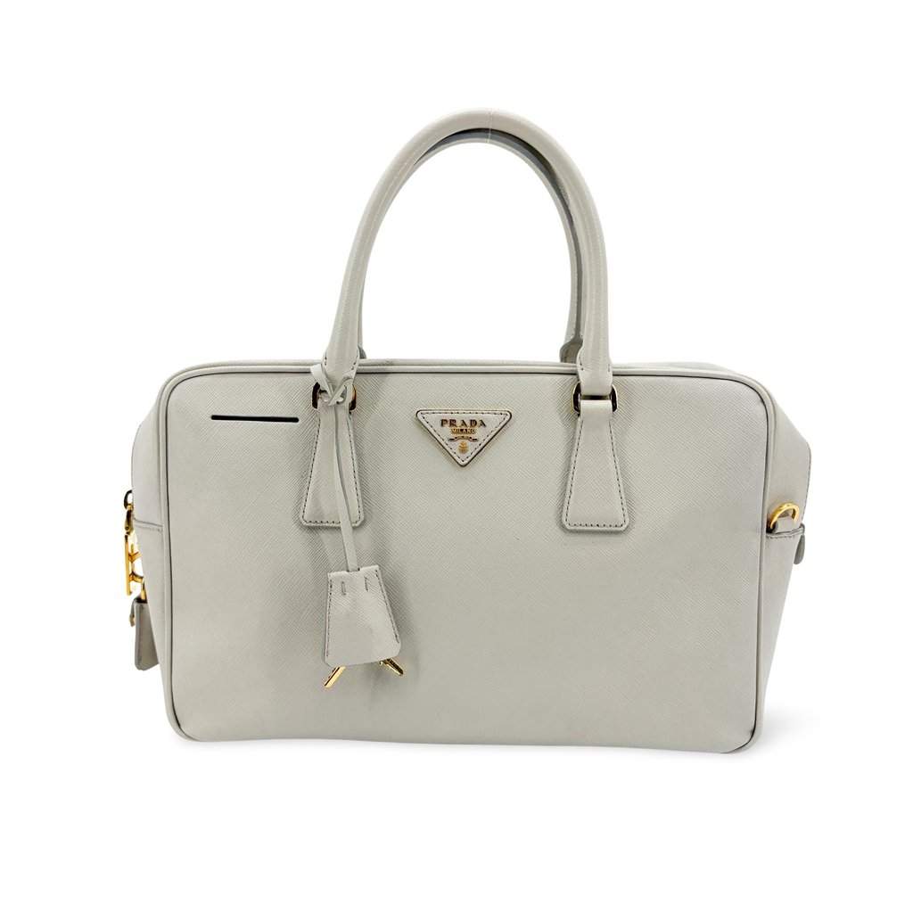 Prada Saffiano Lux Top Handle Bag Talco White Gold Leather Good - Front View