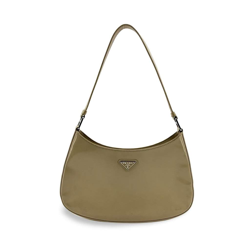 Prada Cleo Brushed Leather Shoulder Bag Khaki Beige Leather Fair - Front View
