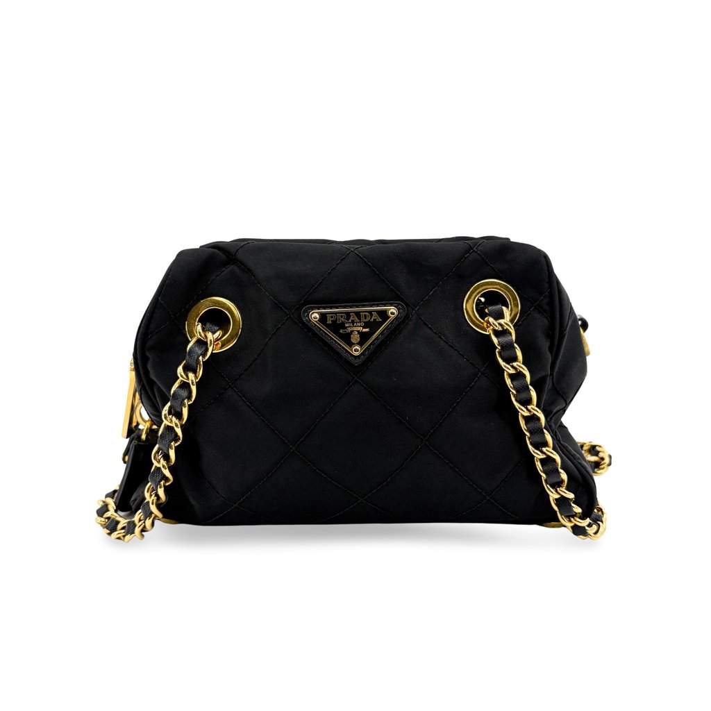 Prada Re-Nylon Quilted Chain Shoulder Bag Black with Gold Hardware Black Polyamide Good - Front View