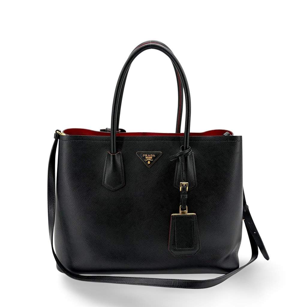Prada Saffiano Cure Double Bag Medium Black/Red Black Leather Good - Front View