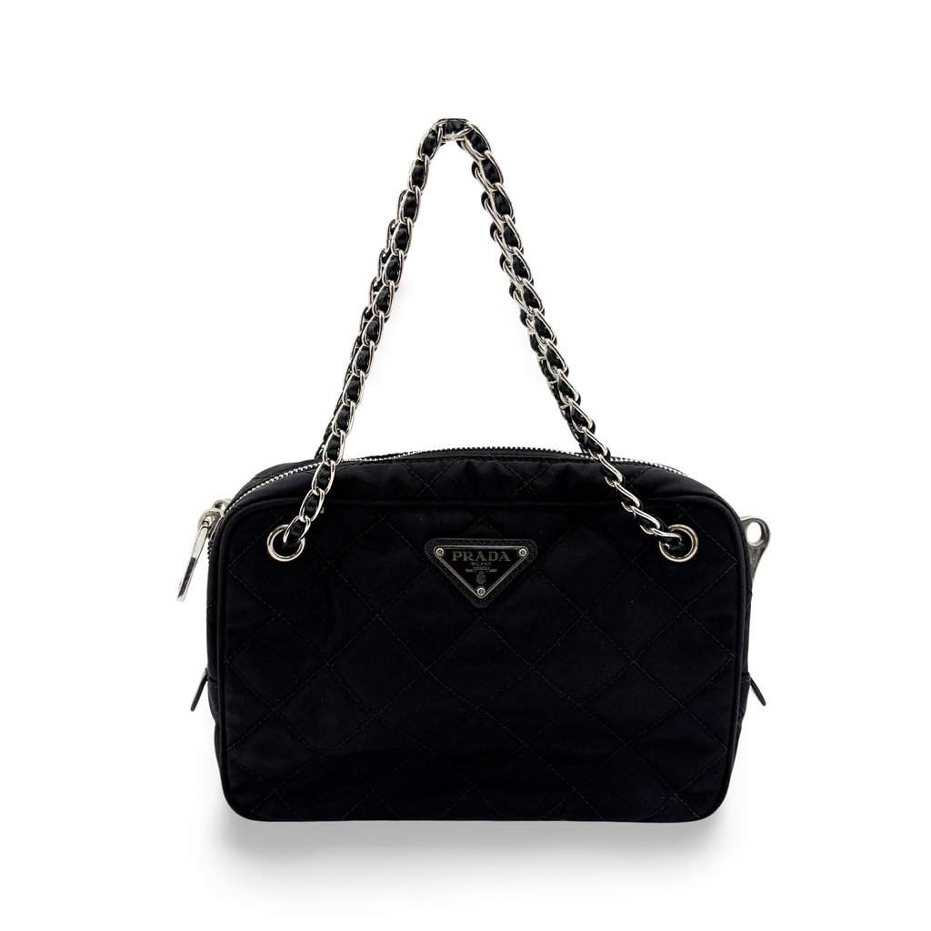 Prada Tessuto Impunturato Quilted Chain Shoulder Bag Black Black Polyamide Good - Front View