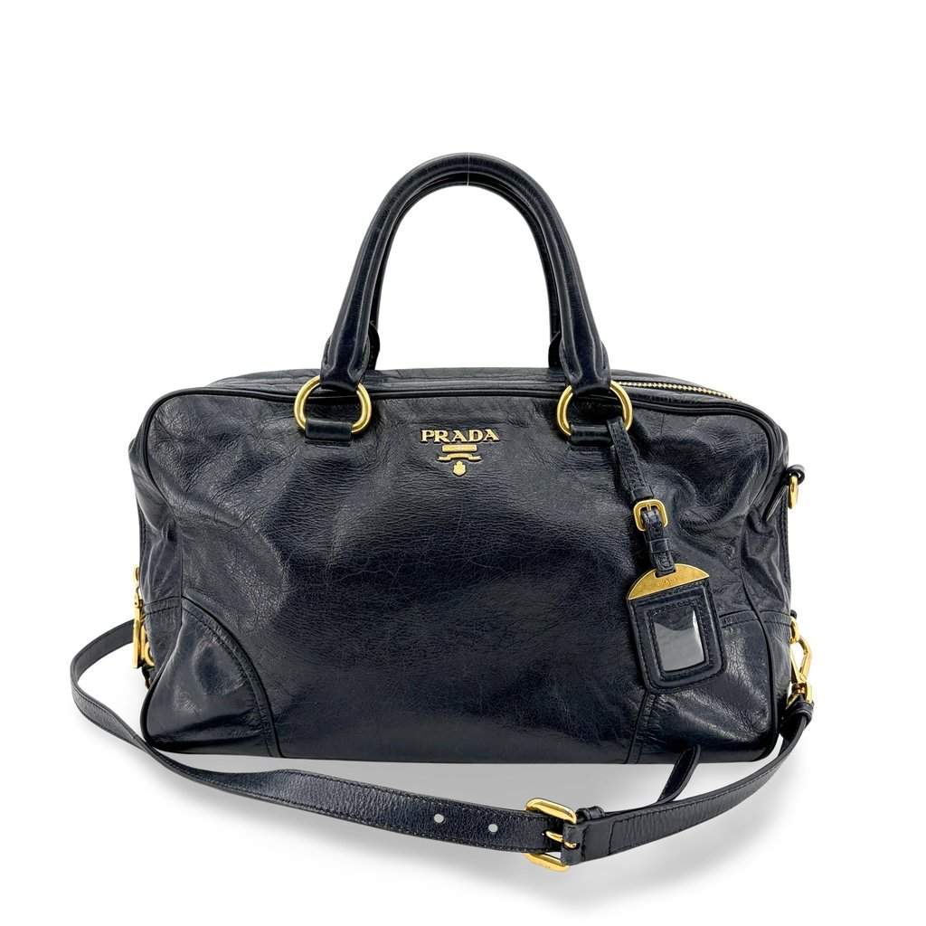 Prada Vitello Shine Boston Bag Navy Gold Hardware Gold Leather Good - Front View