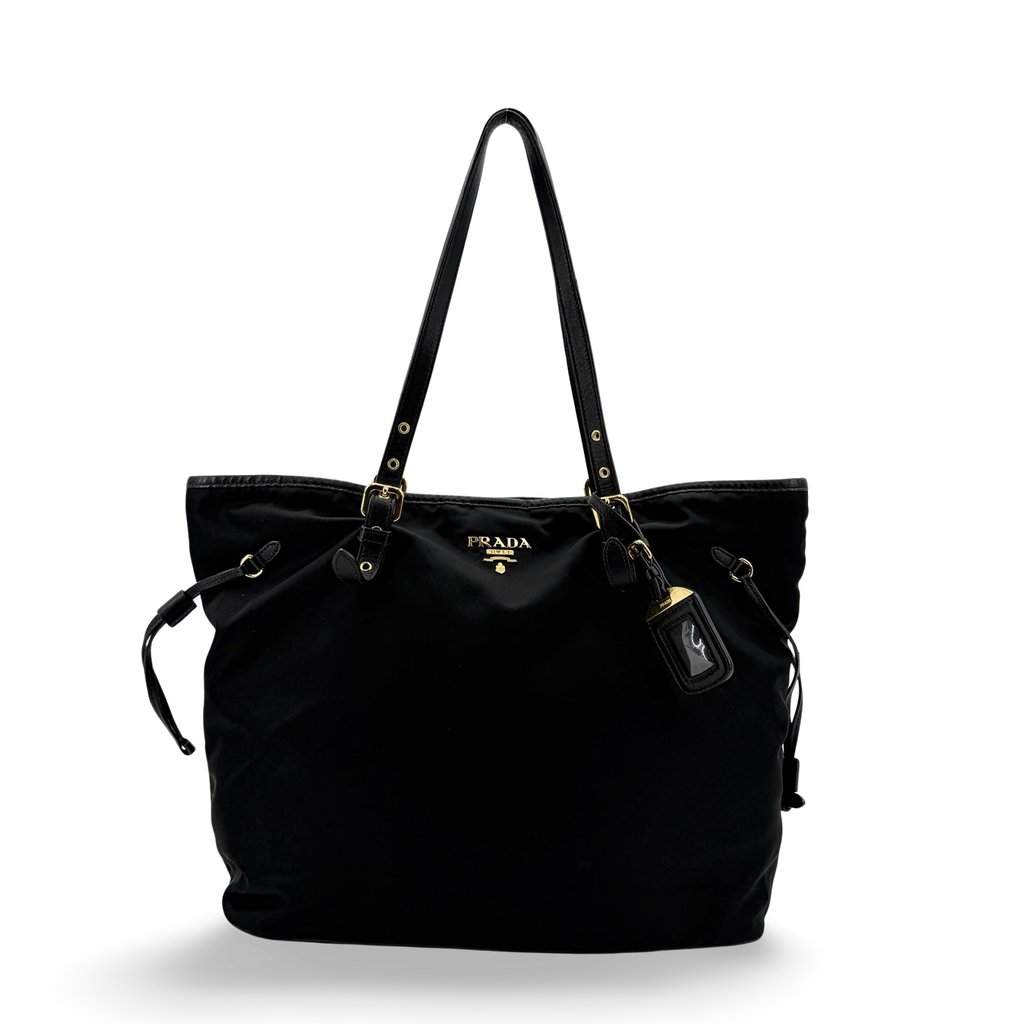 Prada Tessuto Soft Calf Leather Tote Bag Black Gold Hardware Black Leather Good - Front View