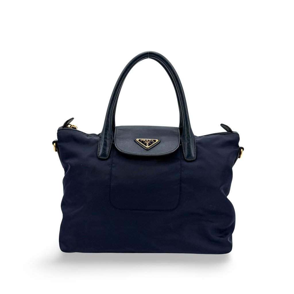 Prada Tessuto Saffiano Tote Bag Navy Navy Leather Good - Front View