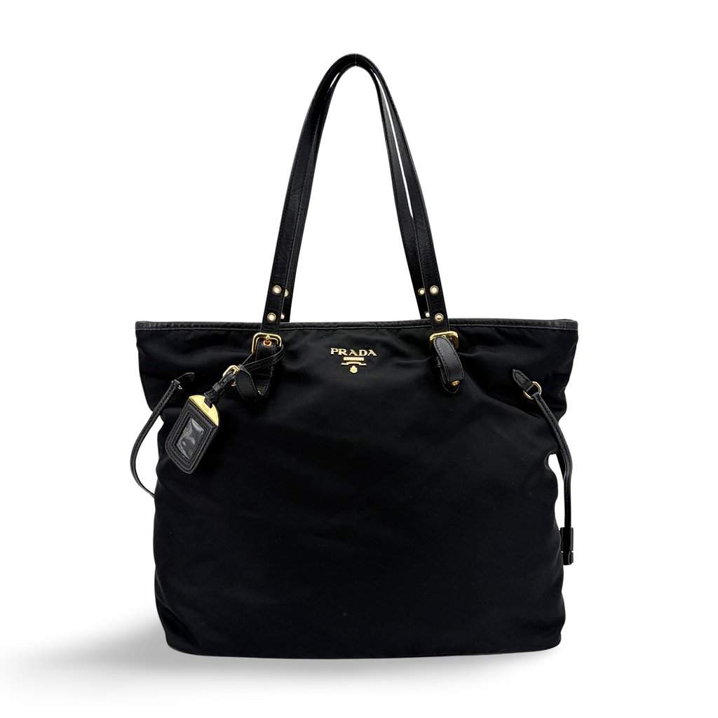 Prada Tessuto Nylon Saffiano Tote Bag Black Black Leather Good - Front View