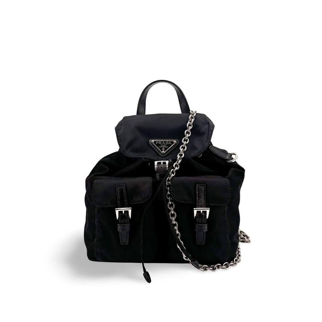 Prada Nylon Mini Chain Backpack Black Black Polyamide Good - Front View