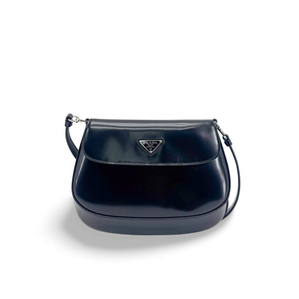 Prada Cleo Brushed Leather Flap Shoulder Bag Black Black Leather Very good - Front View