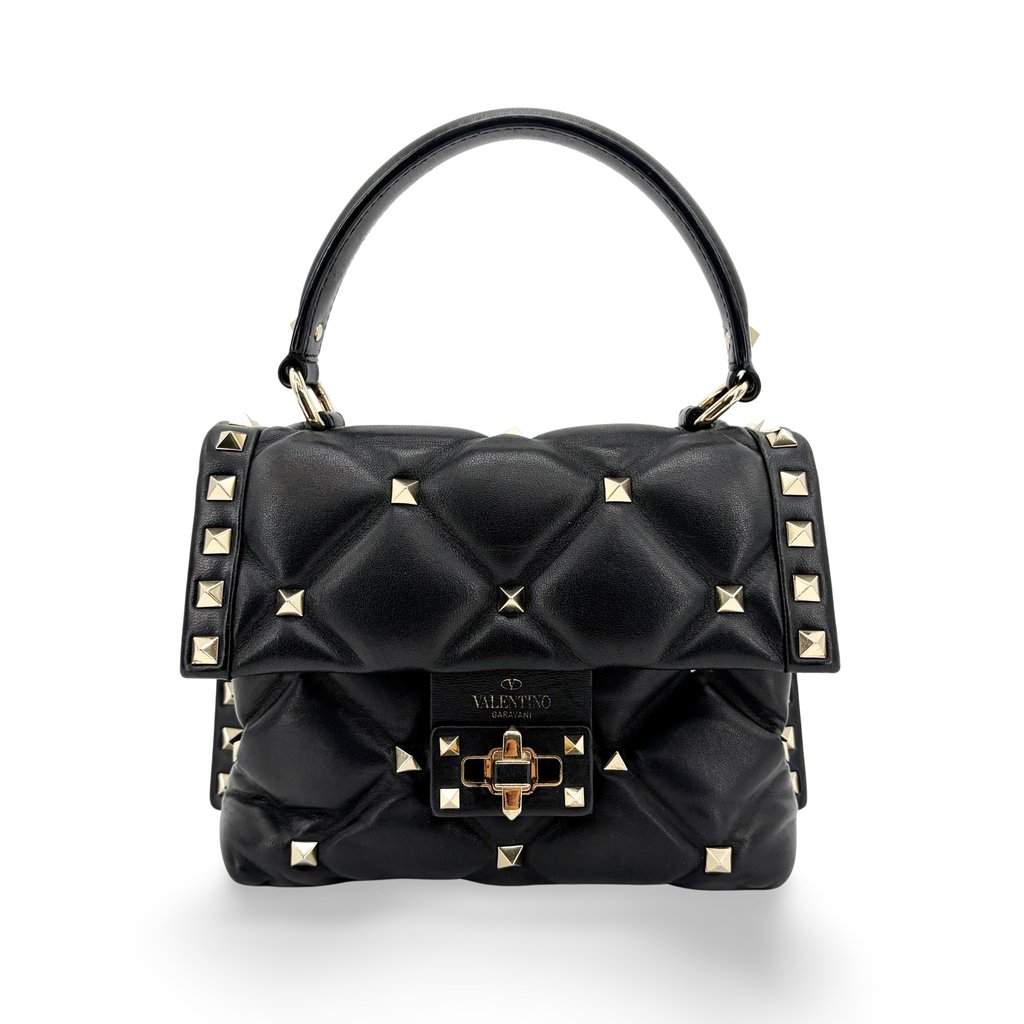 Valentino Garavani Rockstud Spike Small Top Handle Bag Black Black Leather Good - Front View