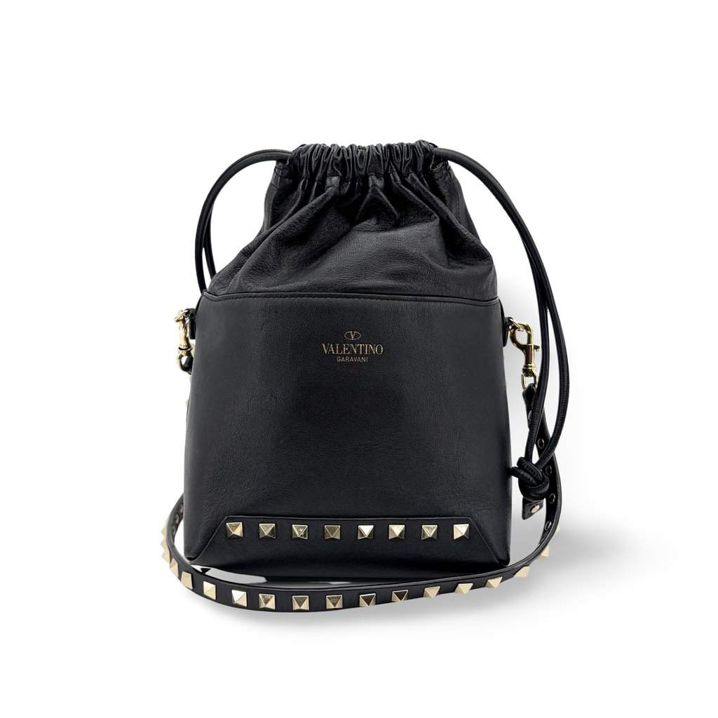 Valentino Garavani Rockstud Small Bucket Bag Black Black Leather Good - Front View