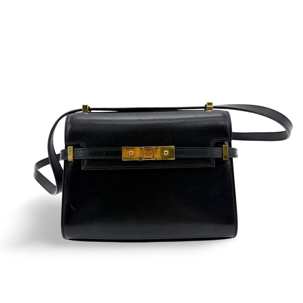 Saint Laurent Manhattan Shoulder Bag Black Gold Hardware Black Leather Good - Front View