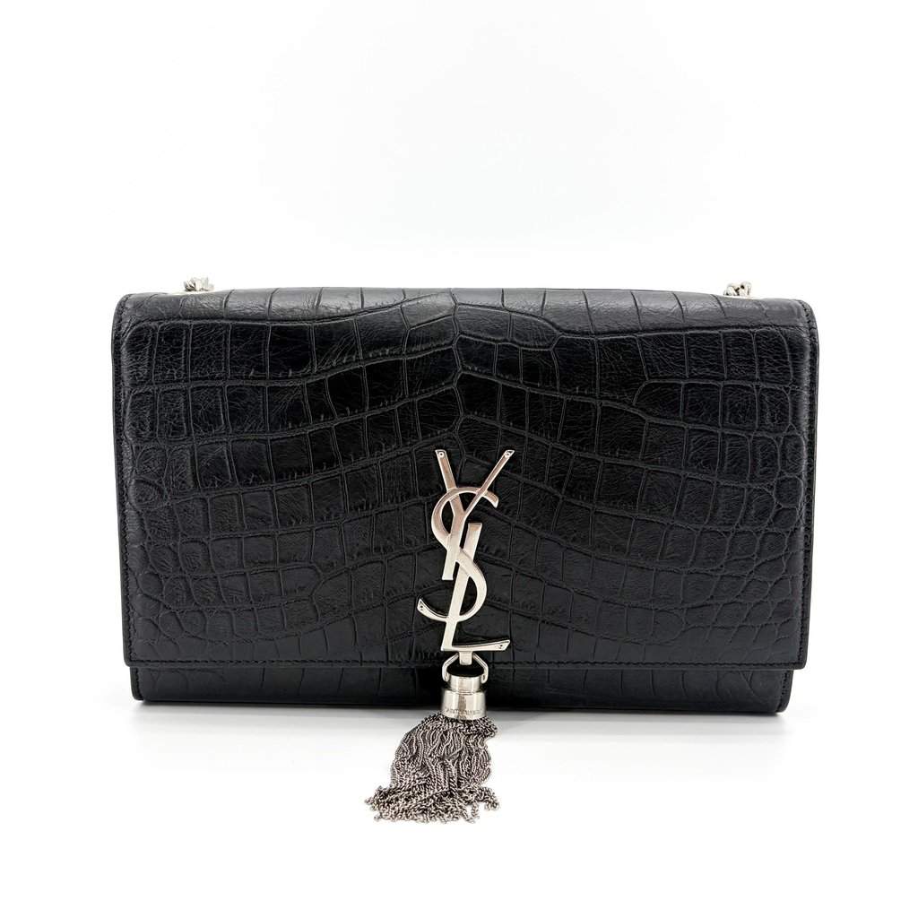 Saint Laurent Medium Kate Tassel Shoulder Bag Crocodile Embossed Black Silver Hardware Black Leather Very good - Front View