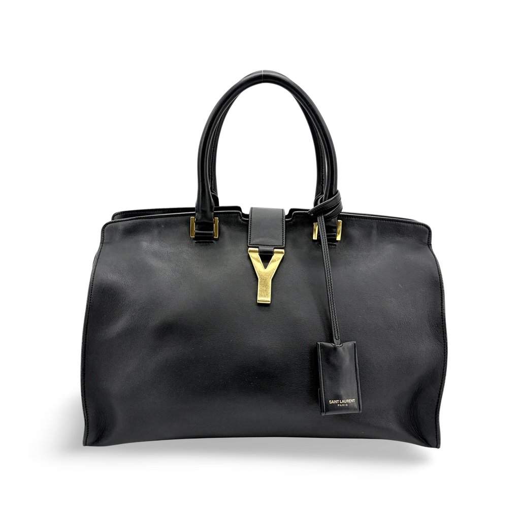 Saint Laurent Classic Cabas Chic Large Black Gold Hardware Black Leather Good - Front View