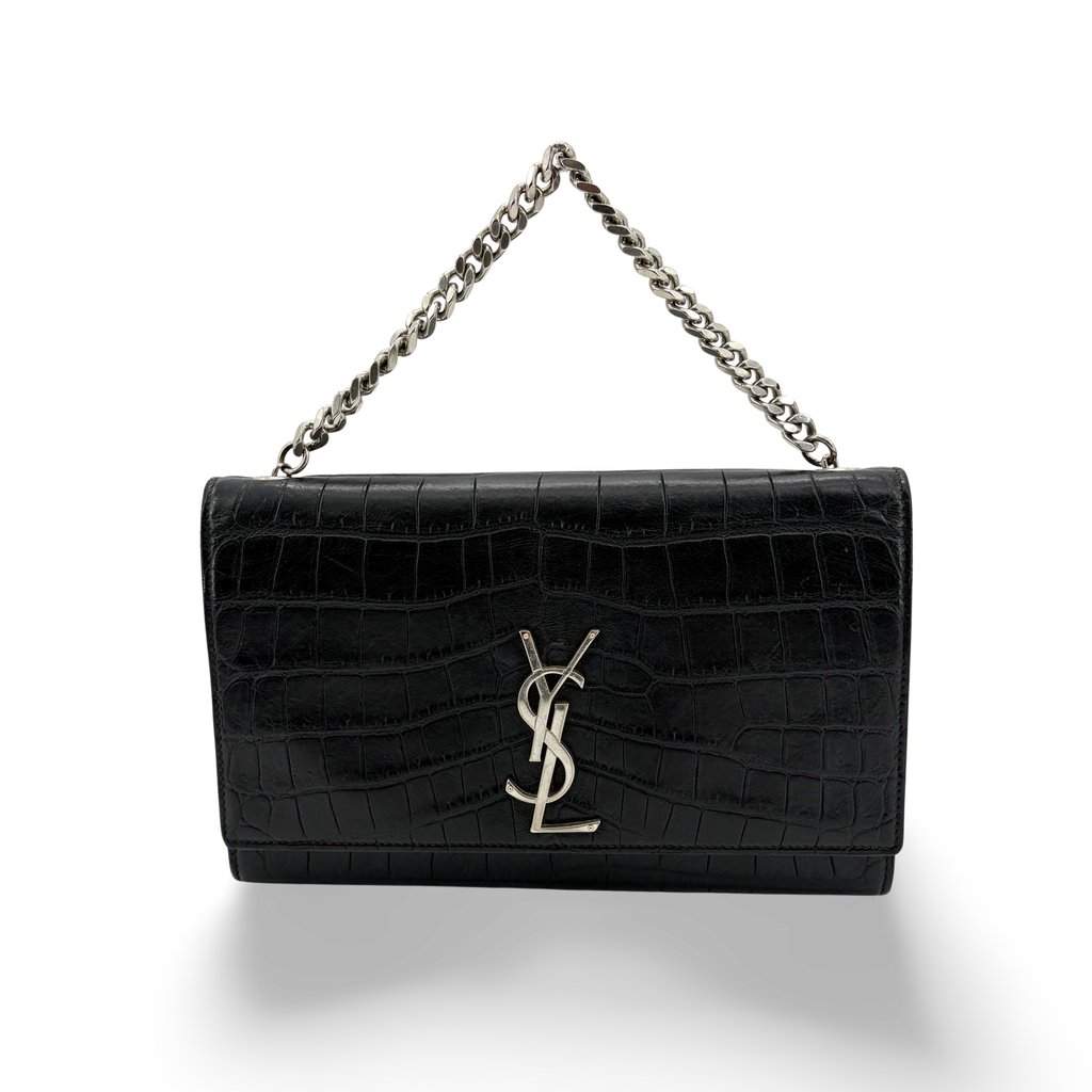 Saint Laurent Kate Medium Croc Embossed Shoulder Bag Black with Silver Hardware Black Leather Very good - Front View
