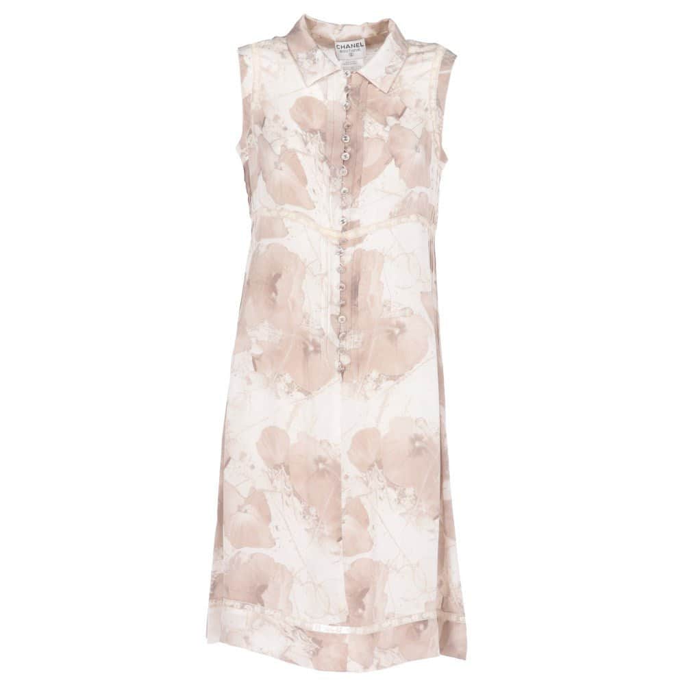 Chanel Beige Silk Floral Dress - 2000s Beige Silk Good - Front View