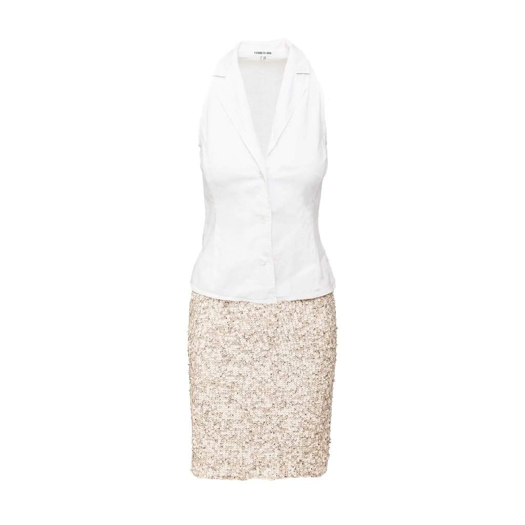 Unsigned Cerruti 1881 Sequin Skirt and Shirt Set - '90s White Silk Good - Front View